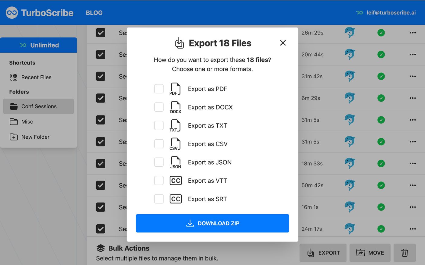 Export Transcripts and Manage Files in Bulk | TurboScribe