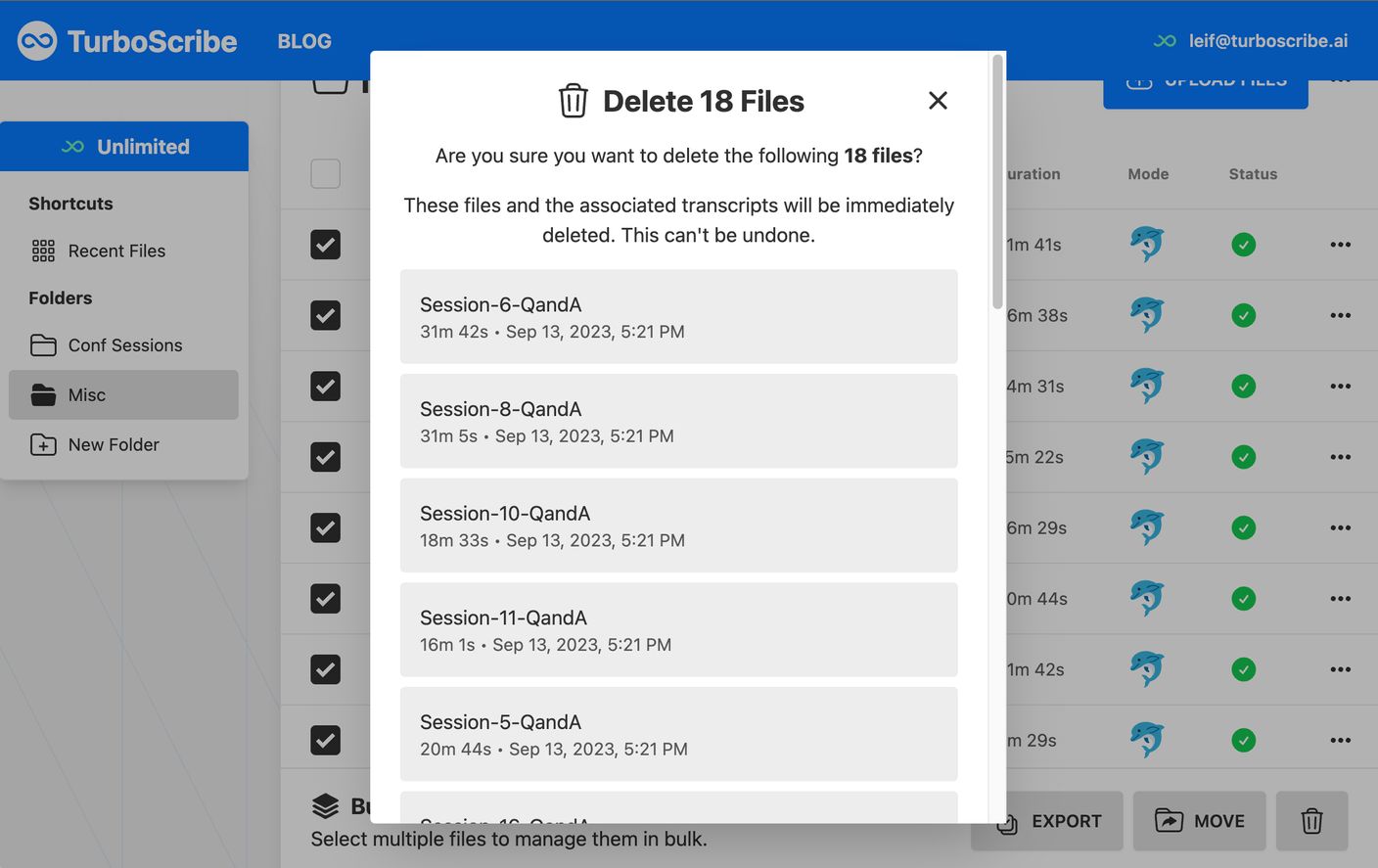 TurboScribe Bulk File Deletion